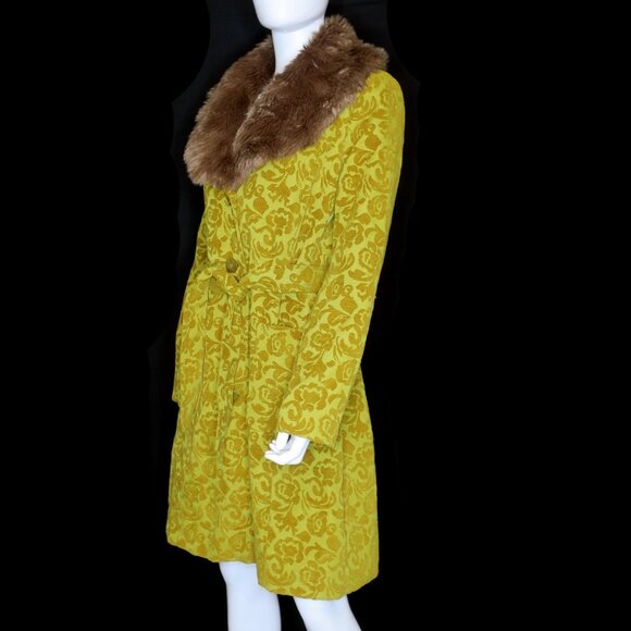 Y2K Merona Brocade Jacquard Damask Gold Coat Faux Fur Collar Penny Lane Tapestry - Picture 5 of 10